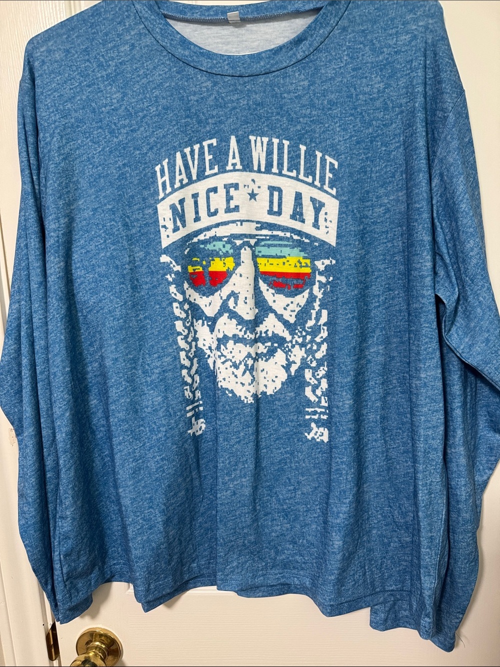 Vintage-Style Blue Long Sleeve Men's Shirt with Willie Nelson Graphic